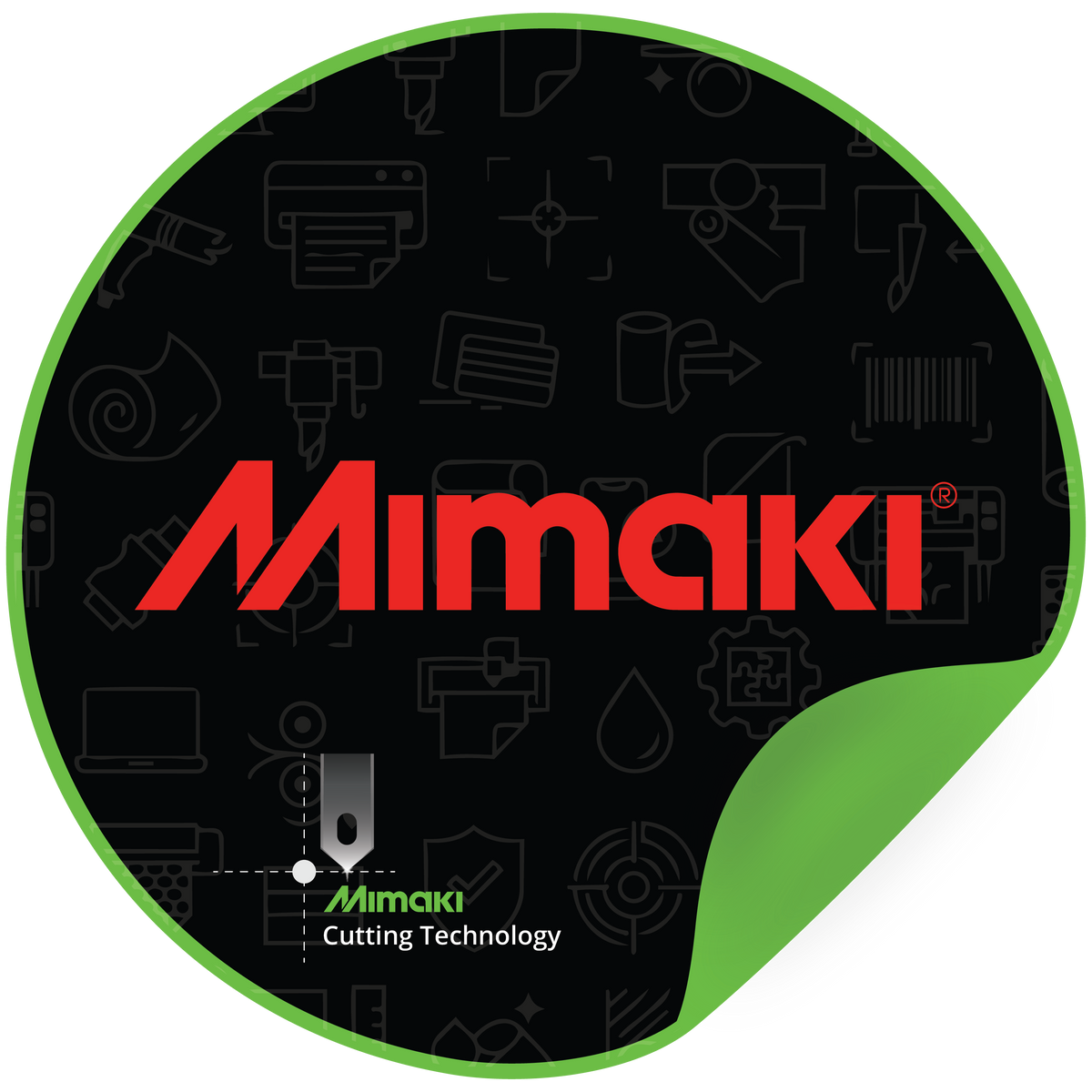 Mimaki cutting technology logo on a black circular background with a neon green border, vinyl cutting tool graphics, and red Mimaki branding.