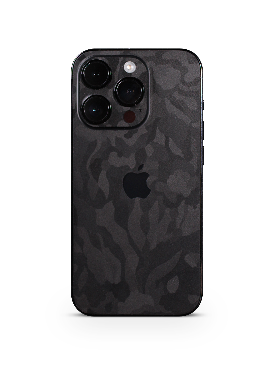 A Black Camo-patterned iPhone Vinyl Skin photographed in a studio setting with a gray background.