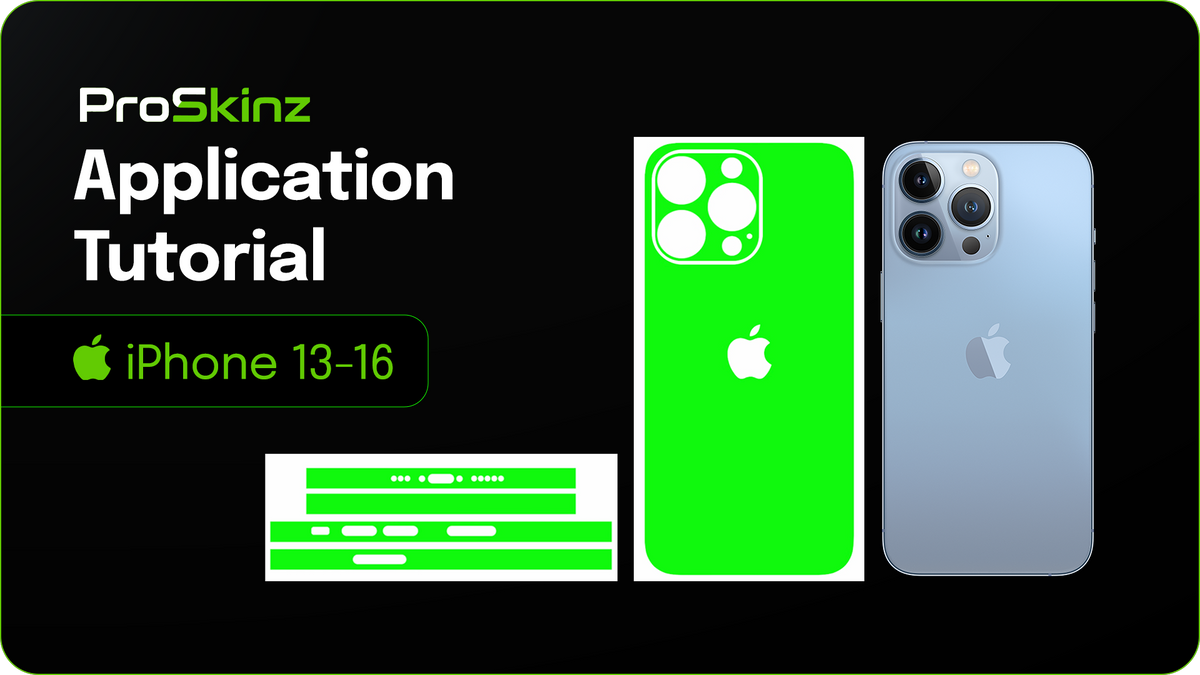 ProSkinz iPhone 13–16 skin application tutorial YouTube thumbnail featuring a bright green vinyl skin, camera cutout demonstration, application tools, and an iPhone against a black and neon green background.